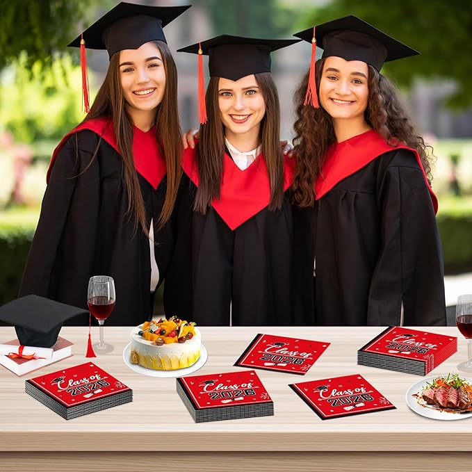50 Pcs Graduation Napkins Class of 2026 - Red Congrats Grad Napkins Set, 3-Ply Disposable Graduation Luncheon Dinner Party Paper Napkins for Grad Party Supplies Table Decoration