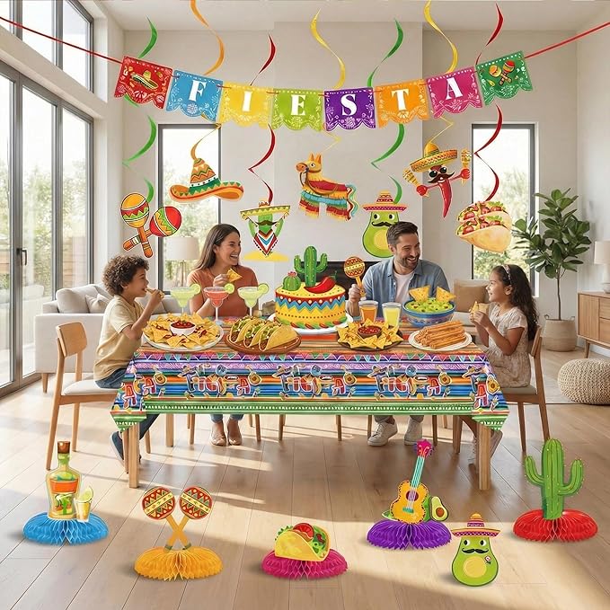 Fiesta Mexican Party Decorations Set - Fiesta Banner, Hanging Swirls, Honeycomb Centerpieces Mexico Tablecloth for Cinco De Mayo, Taco Tuesday, Mexican Themed Birthday Luau Party Supplies (Mexican)