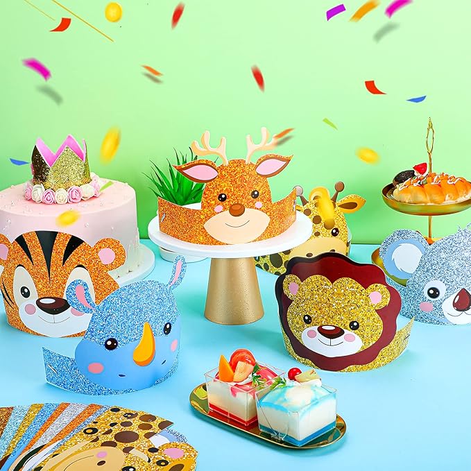 24 Pcs Animal Birthday Party Hats Animal Headbands Jungle Safari Animal Paper Party Crown for Girls Kids (Jungle Animal)