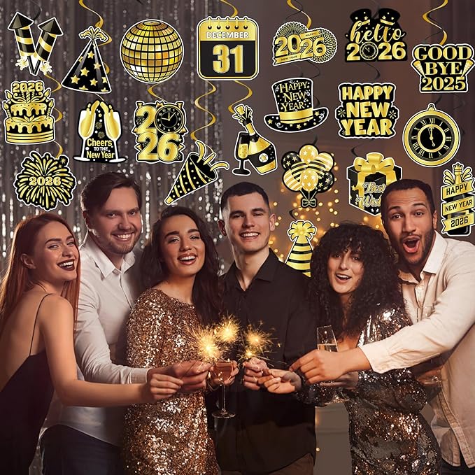 40Pcs Happy New Year Decorations Hanging Swirls, Black and Gold Happy New Year Hanging Swirls Ceiling Decor for New Year's Eve Party Decorations Supplies 2026