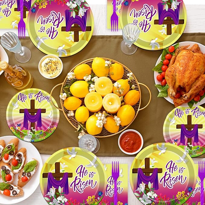 96 Pcs Easter He is Risen Paper Plates Napkins, Easter Religious Inspiring Party Decorations Supplies Disposable Dinnerware Tableware Set, Serves 24