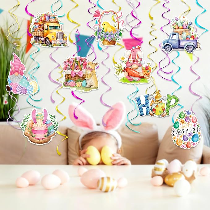 Hanging Easter Decorations Swirls 24pcs, Easter Egg Bunny Ceiling Hanging Party Streamers, Foil Easter Party Decor Supplies for Home Office School, Dangling Spinners Easter Party Ceiling Decor