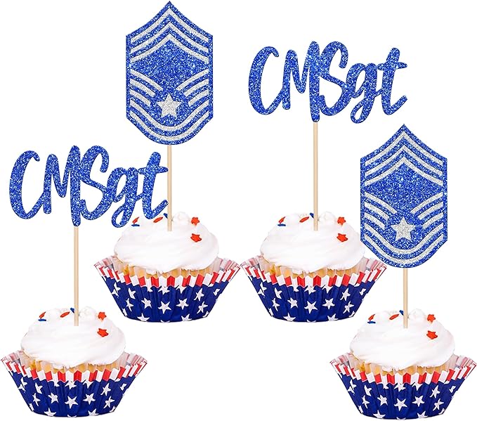 24 Pack Chief Master Sergeant Cupcake Toppers Glitter CMSGT Military Themed Bound Emblem Cupcake Picks for Congrats Retirement Army Navy Theme Birthday Cake Decorations Party Supplies Blue