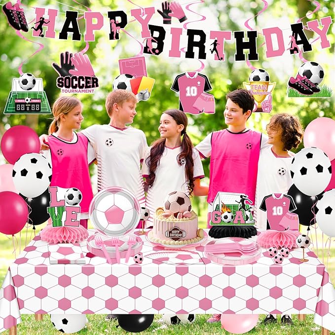 Pink Soccer Decorations for Girls Soccer Happy Birthday Banner Backdrop Balloons Football Plates Napkins Tablecloth Honeycomb Centerpieces Hanging Swirls Decor for Women Sports Party Supplies Serves10