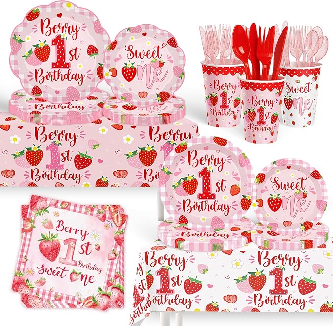212ps Berry First Birthday Decor Strawberry 1st Birthday Paper Plates Cups Napkins Tablecloth Forks Tableware Berry 1st Bday Party Supplies Sweet One Girls Strawberry Baby Shower Decorations Serve 30