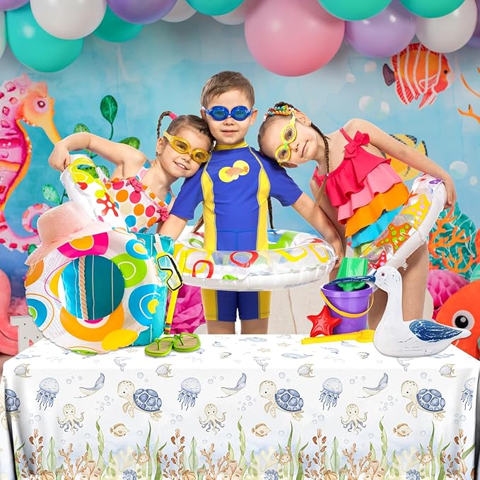 GREHUMOR 3Pcs Ocean Tablecloth Decoration Under The Sea Theme Party Supplies Sea Turtles Disposable Plastic Table Covers Underwater Sea Life Table Cloth for Ocean Baby Shower Birthday