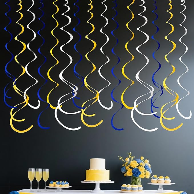 36 Pcs Royal Blue Yellow White Hanging Swirl Decoration Felt Swirl Streamer Spiral Ceiling Decorations Garland for Graduation Birthday Baby Shower Wedding Retirement Nautical Ahoy Achor Party Supplies