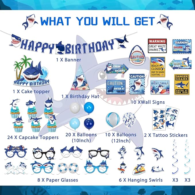 Mpanwen Shark Party Supplies, 216Pcs Shark Themed Birthday Party Decorations Decor - Banner, Paper Glasses, Balloons, Cake Toppers, Plates, Tablecloth, Hanging Swirls, Wall Signs Serves 16 Guests