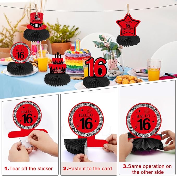 16th Birthday Decorations for Boys Girls Red Black, Sweet 16 Party Decorations with Happy 16th Birthday Banner Backdrop 16 Balloon Numbers Honeycomb Centerpieces Tablecloth 16 Years Old Party Supplies