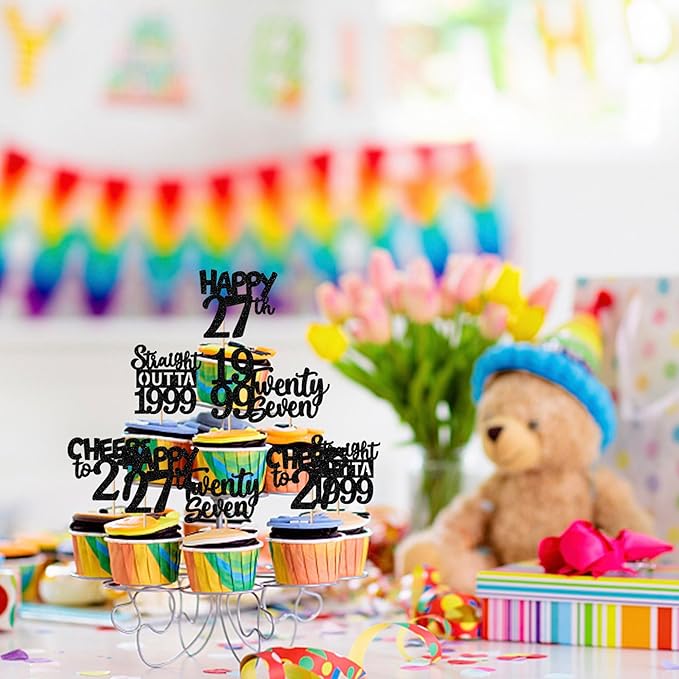 30PCS Black 27th Birthday Cupcake Toppers Glitter Twenty Seven Happy 27th Straight Outta 1999 Cupcake Picks for Cheers to 27 Years Birthday Wedding Anniversary Party Cake Decorations Supplies