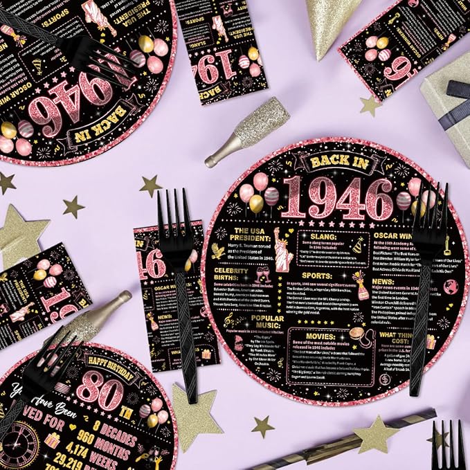 96Pcs 80th Birthday Decorations Women Tableware Set Rose Gold Back in 1946 Paper Plates Napkins Forks Cheers to 80 Years Disposable Tableware Decor for 80th Bday Theme Party Favor Serve 24 Guests