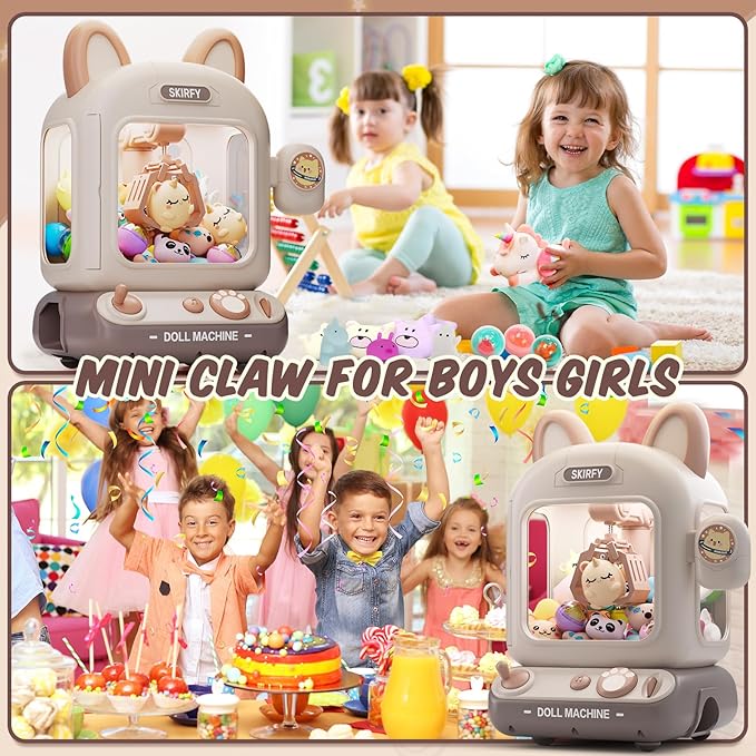 Skirfy Mini Claw Machine for Kids,Vending Machine, Prize Dispenser Toys for Girls and Boys, Electronic Game for Party Birthdays Includes 32 Mini Toys(Brown)