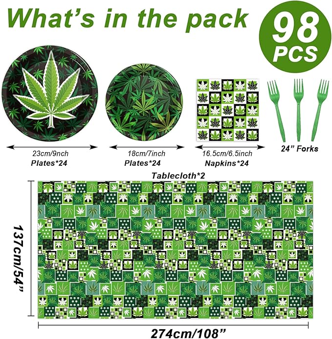 Gisgfim 98 Pcs Weed Themed Party Supplies - Green Pot Leaves Birthday Party Plates, Tablecloth & Decorations for Adults - Tableware Paper Forks, Napkins & Plates for 24 Guests