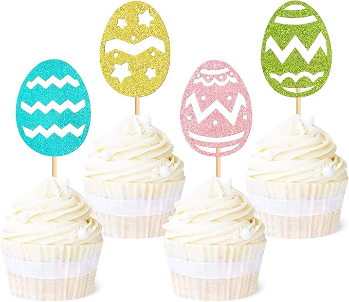 Ercadio 24Pcs Glitter Colorful Easter Eggs Cupcake Toppers Glitter Easter Eggs Cupcake Picks for Easter Egg Hunting Cupcake Toppers Easter Day Baby Shower Birthday Wedding Party Supplies