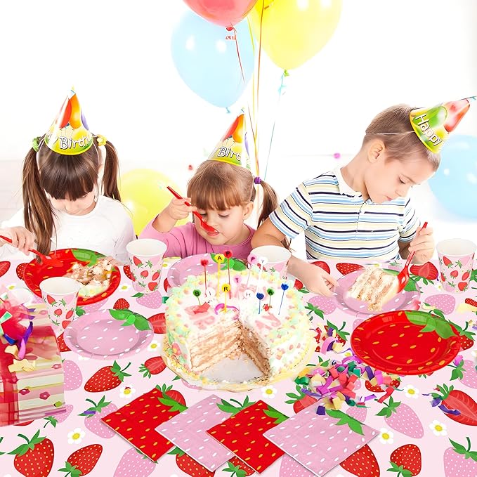 Augisteen Strawberry Party Tableware Set Strawberry Theme Paper Plates Napkins Cups Strawberries Plastic Tablecloth Disposable Strawberries Party Supplies for Birthday Baby Shower, Pink