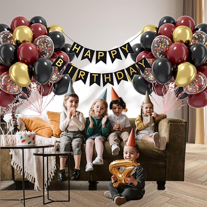60pcs 12inch Black Burgundy and Gold Balloons, with Gold Red Black Confetti Balloons for Maroon Themed Birthday Baby Shower Graduation Party Decorations