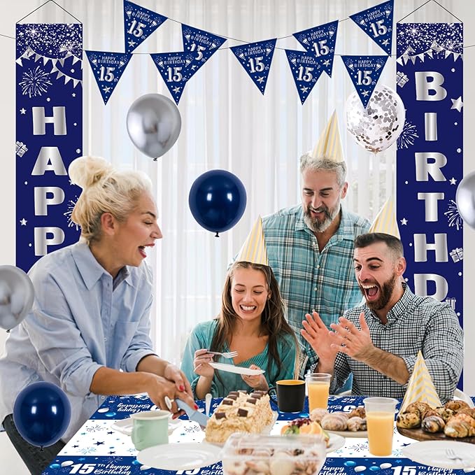 Blue 15th Birthday Decorations - Door Banner, Balloons, Porch Sign & Latex Balloons for Boys & Girls 15th Bday Party Supplies