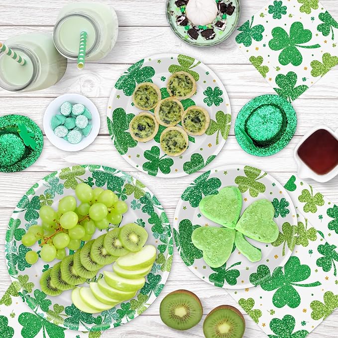 150 Pcs Happy St Patricks Day Plates and Napkins Set - Disposable St. Patrick's Day Tableware kit, Green Shamrock Paper Dinner Dessert Plates Dinnerware for St Patrick Day Party Decorations, Serve 50