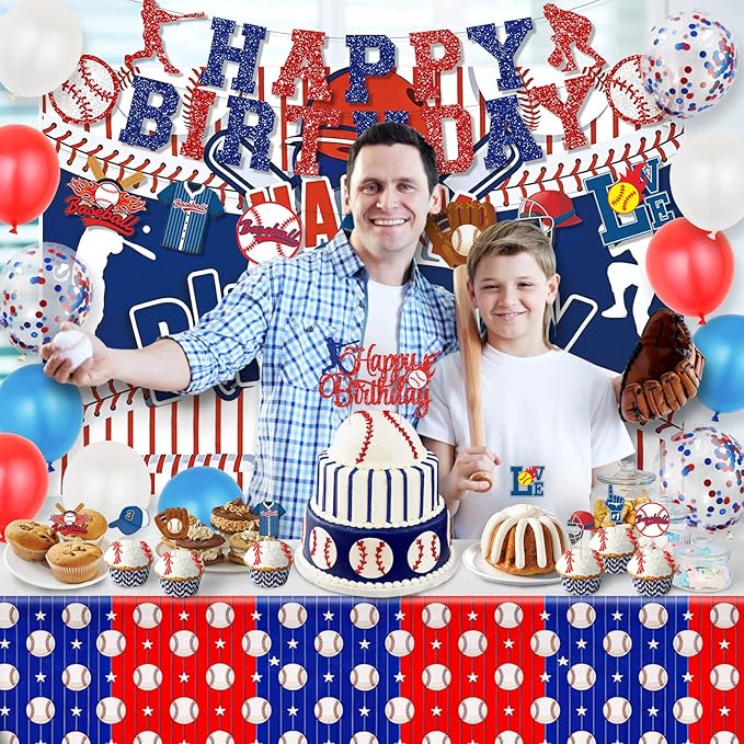 Baseball Party Decorations, Baseball Birthday Party Supplies Kit, Include Sport Themed Backdrop, Happy Birthday Banners, Tabelcloth, Baseball Balloons, Cake&Cupcake Toppers