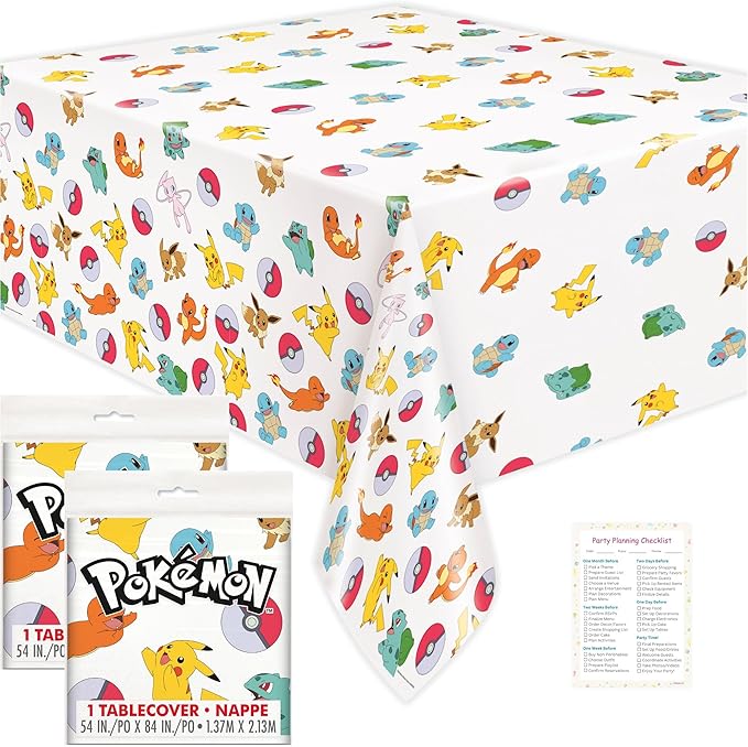 Unique Pokemon Table Cloth (2 Pack) - Pokemon Birthday Party Decorations - Officially Licensed - Party Supplies - 2 Plastic Tablecloth, with Checklist