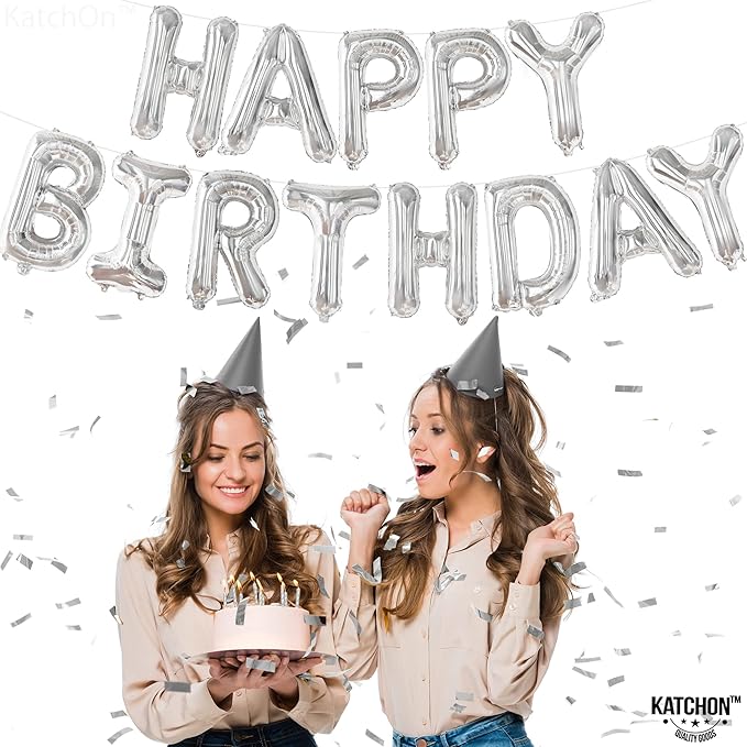 KatchOn, Silver Happy Birthday Banner Balloons Letter - 16 Inch | 3D Silver Mylar Foil Letters Balloons with Ribbon | Happy Birthday Decorations for Women Men Party Supplies