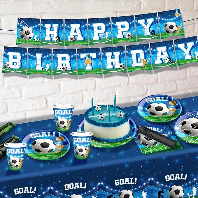 Soccer Birthday Party Decorations Set Includes Dinner Plates, Napkins, Cups, Banner and Tablecloth for Soccer Sports Theme Birthday Decorations, Serve 24