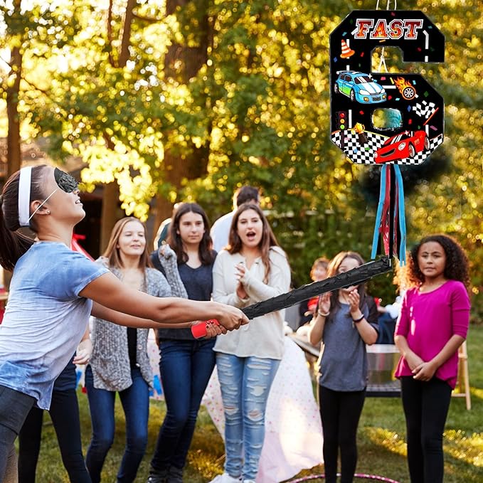 Race Car Piñata Pull String Cars Piñatas for Birthday Party Decorations Number 2 3 4 5 6 with Blindfold Stick Small Red Black Racing Theme 2nd 3rd 4th 5th 6th Party Supplies