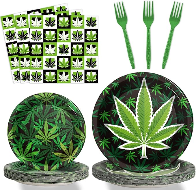 gisgfim 96 Pcs Weed Themed Plates and Napkins Party Supplies Green Pot Leaves Birthday Tableware Set Weed Party Decorations Favors for Adults Birthday for 24 Guests