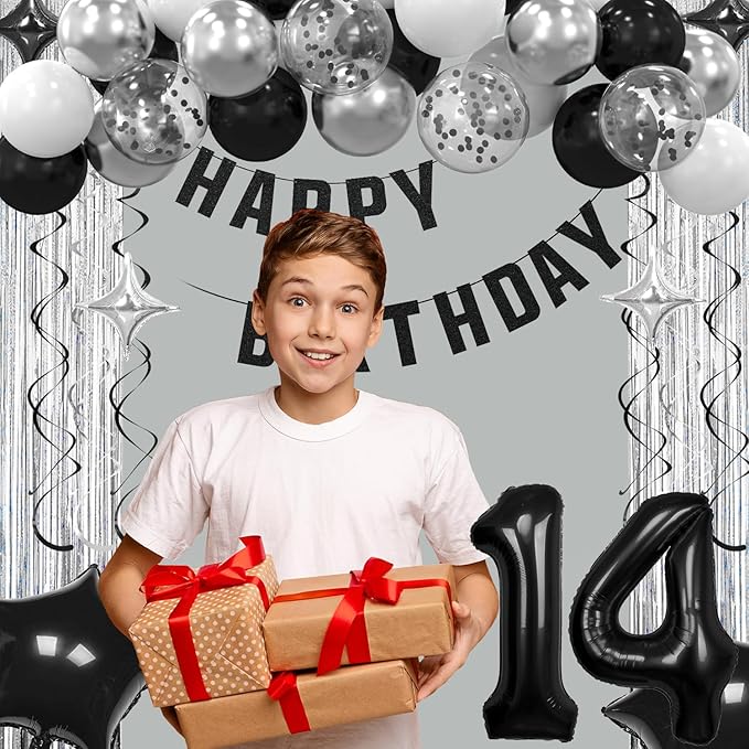 14th Birthday Decorations for Boys Girls, Silvery and Black Happy 14th Birthday Banner ,Number 14 Balloons Arch Kit for 14 year old Birthday Party Decorations.