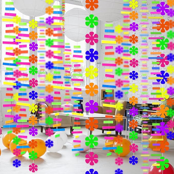 90 Feet Windmill Flower&Stripe UV Neon Garland Streamers Glow in The Dark Party Supplies Decoration for Birthday Banner Black Light Neon Party Decorations for Dark Glow Party UV Reactive Party Favor