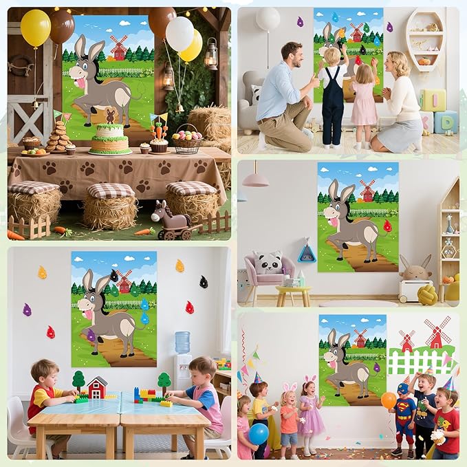 PLULON Pin The Tail on The Donkey Game for Kids with Tail Stickers, Donkey Poster Kids Pin Game Birthday Party Favors Gifts Carnival Home Wall Decorations Classroom Family Activities