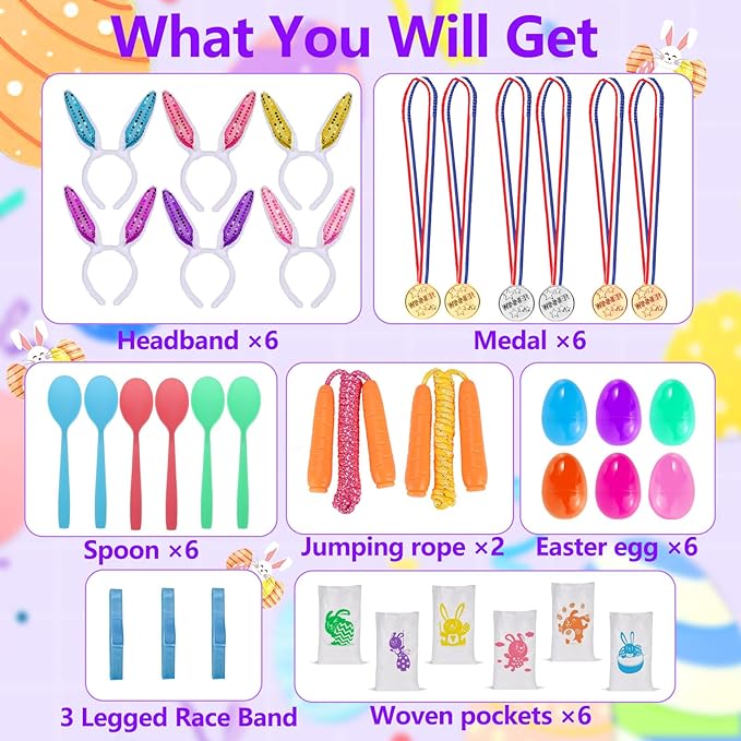 Atonofun 29 Pack Easter Games for Kids Outdoor, Potato Jumping Bags, Bunny Ears Headbands, Egg Spoon Relay Races, Legged Relay Race Bands for Easter Eggs Hunt Party Supplies