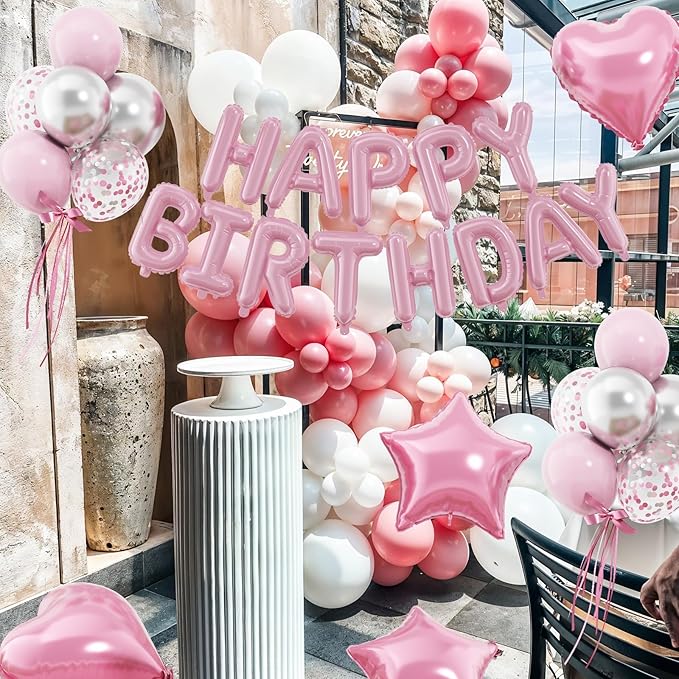 29PC Pastel Pink Happy Birthday Balloons Banner, 16 Inch Aluminum Letter Banner Sign, Pink Silver Confetti Balloon 18 Inch Star Heart Foil Balloon for Women, Girls Birthday Party Supply