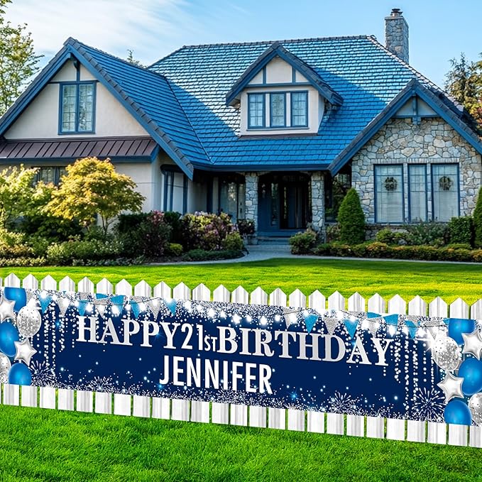Large Blue Birthday Decorations Banner with Personalized Letter Stickers and Balloons DIY Navy Blue Silver Happy Birthday Yard Banner Custom Bday Sign for Men Women Bday Party Supplies Outdoor