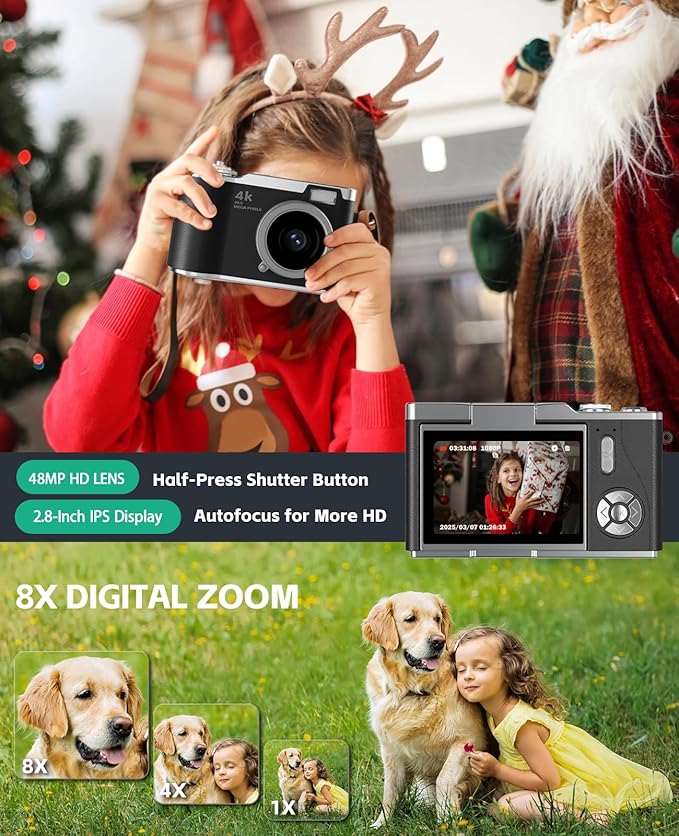 Kids Camera,4K Digital Camera for Photography,48MP 1080P HD Video Selfie Camera,with 180° Flip Screen Flash,with 32GB SD Card,for Starter Kid Children Teen Student Girl Boy(Black)