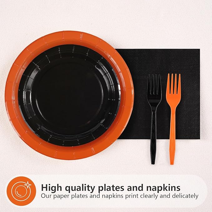 Grencian 96Pcs Orange and Black Party Decorations Orange and Black Plates and Napkins Disposable Paper Tableware Set for Birthday Wedding Baby Shower Fall Harvest Halloween Party Supplies, Serves 24