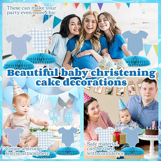 6 Pcs Blue Bodysuit Party Decorations, Blue Gingham Honeycomb Centerpieces, Birthday Decorations for Tables Decor Table for Party Supplies Perfect for Women Men Baby Shower Boys Girls