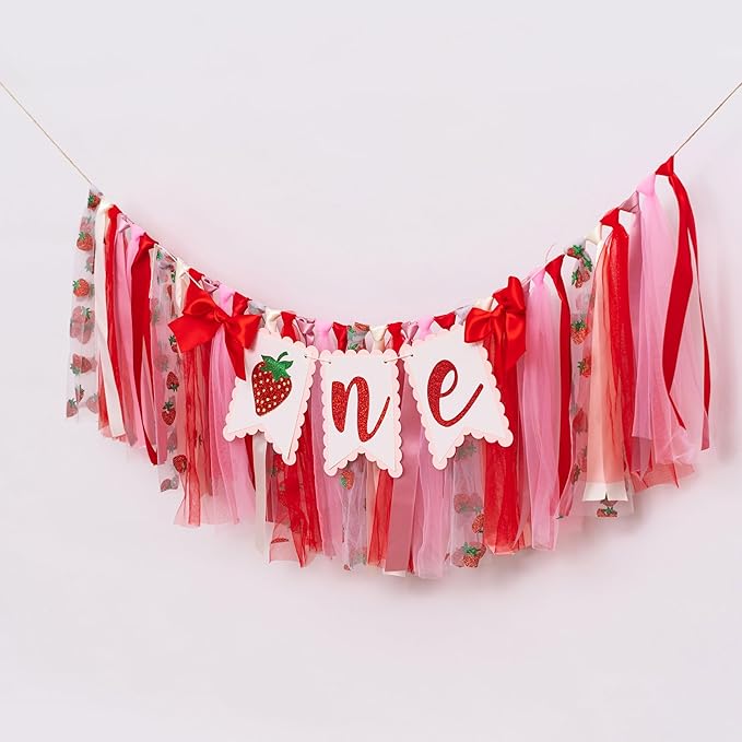 Strawberry One High Chair Banner - Strawberry 1st Birthday Party Decoration, Sweet Berry First Birthday Party Supplies, Berry Sign Anniversary Photo Background Props(Strawberry one banner red)