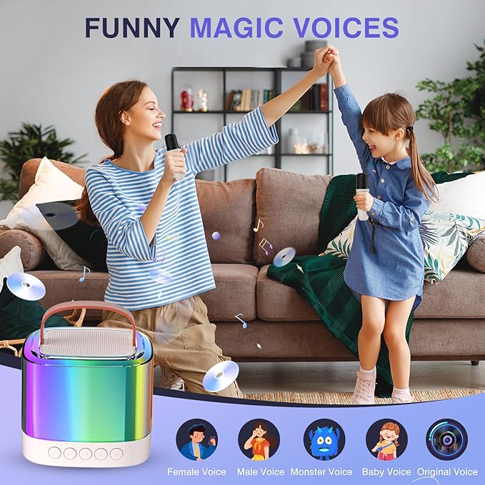 Mini Karaoke Machine for Kids with 2 Wireless Microphones, Portable Bluetooth Speaker & LED Lights, Birthday Gift Toy for Girls and Boys Ages 3–12+ (White)