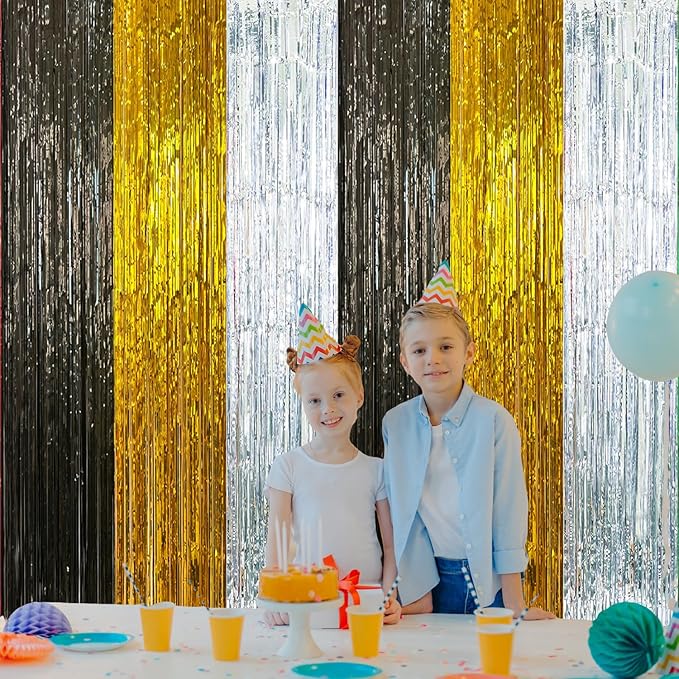 2 Pack Construction Foil Fringe Curtains, 3.3x6.6 Ft Black Gold and Silver Tinsel Backdrop Party Decorations Door Streamers for Birthday Wedding Engagement Decor,Photo Booth Props