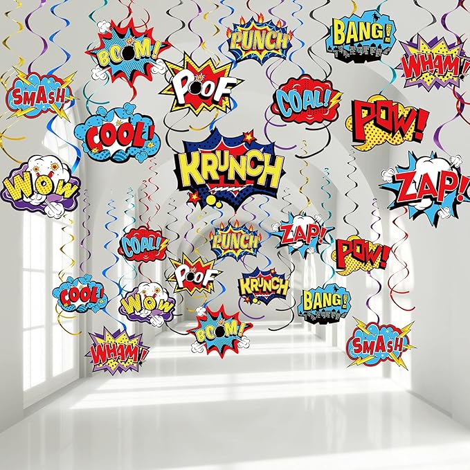 Sumind 54 Pcs Hero Themed Hanging Swirls Hero Action Sign Foil Ceiling Streams Party Banner Decoration for Kids Baby Shower Celebrating Events Birthday Party Supplies Room Wall Decor(Vintage)