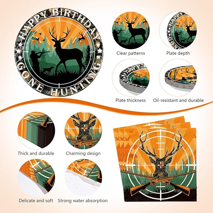 170Pcs Hunting Camo Party Decorations Oh Deer Hunting Birthday Plates Napkins Cups Forks Knives Spoons Tablecloths Hunting Theme Birthday Tableware Set for Kids Outdoor Camping Party Supplies Serves24