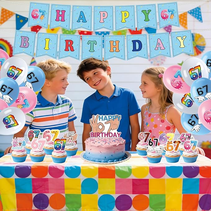6 7 Birthday Decorations, 6 7 Meme Six Seven Themed party supplies Include Happy Birthday Banner, Balloons, Cake Toppers and Cupcake Toppers for Boy Girl Party Decor