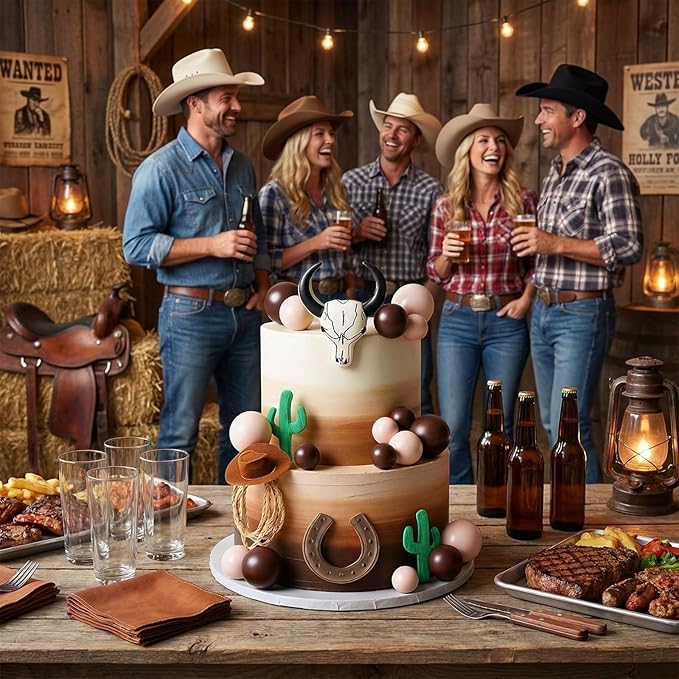 26 Pcs Cowboy Cake Decorations Cowboy Hat Cake Topper Western Hat Bull's Head Topper Decoration for Western Cowgirl Birthday Baby Shower Party Supplies (Brown, Retro)