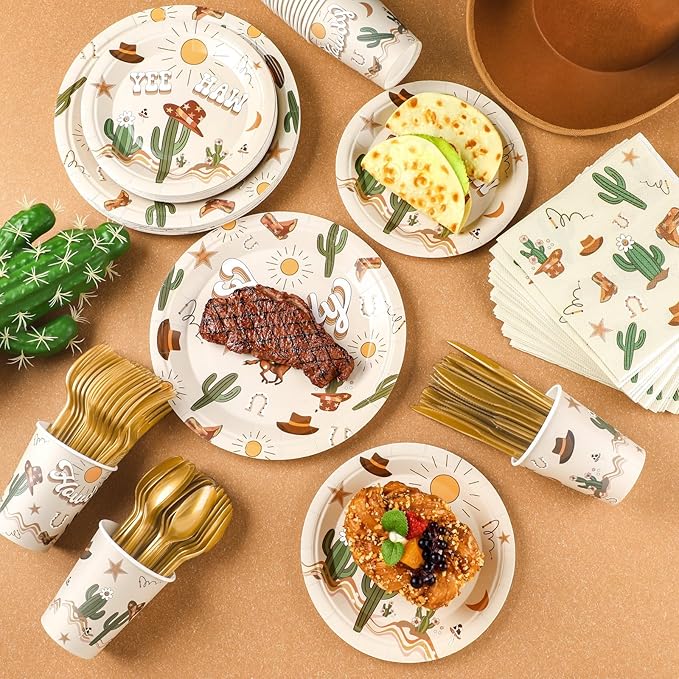 168 Pcs Western Rodeo Country Birthday Party Supplies First Rodeo Cowboy Birthday Party Decorations, Howdy Cowgirl Supplies, Yeehaw Boho Western Baby Shower Favors, Wild West Theme Tableware