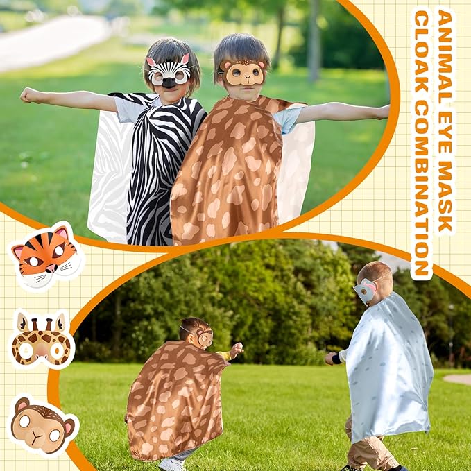 12 Set Safari Animal Mask and Capes Kids Jungle Safari Theme Party favors Cosplay Wild Birthday Decorations Animal Costumes Dress Up Set for Kids Birthday Party Supplies