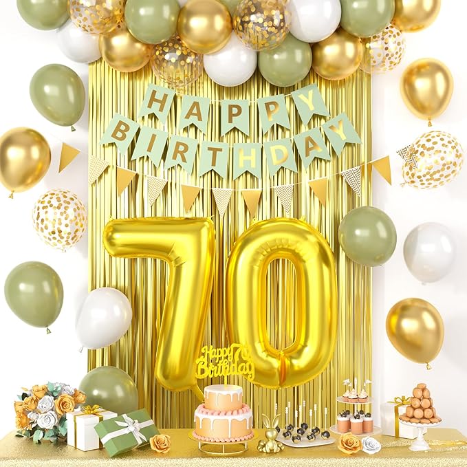 70th Birthday Decorations for Men Women, gold green Happy Birthday Party Decorations With Number 70 Balloons sage green Gold Confetti balloons Fringe Curtain Cake Topper For 70th Party Supplie