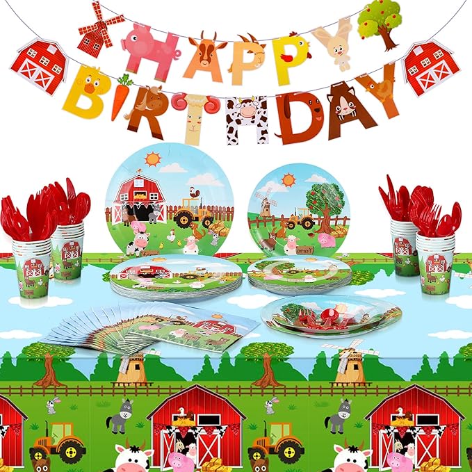 Pajean 171 Pcs Farm Birthday Decorations Happy Birthday Animals Theme Party Supplies 24 Guests Dinner Plates Dessert Plates Cups,Napkins and Banner for Baby Shower Farm Party Decoration(Vivid)