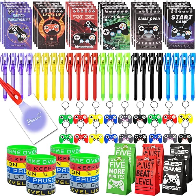 120 Pcs Gamer Birthday Party Favors for Boys, Video Game Goodie Bag Stuffers with Invisible Ink Pens, Controller Keychain for Kids Classroom Prizes, Gaming Theme Party Supplies