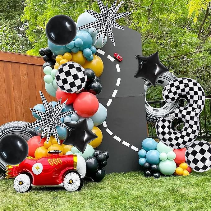 TONIFUL 40 Inch Checkered 3rd Birthday Balloons Set Number 3 Race Car Black Black White Checkered Round Explosion Star Balloons Boys Race Car Themed Birthday Party Decoraction